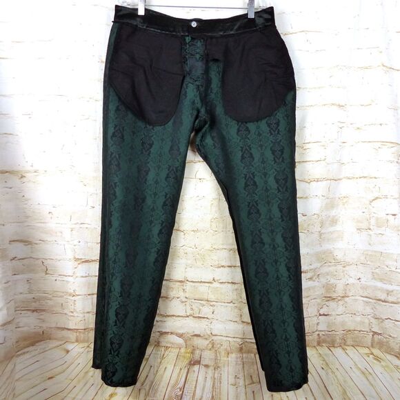 Y2K Lip Service Blacklist Pants Men 36x33 Black Green Brocade Jacquard Goth Rock - Picture 14 of 16